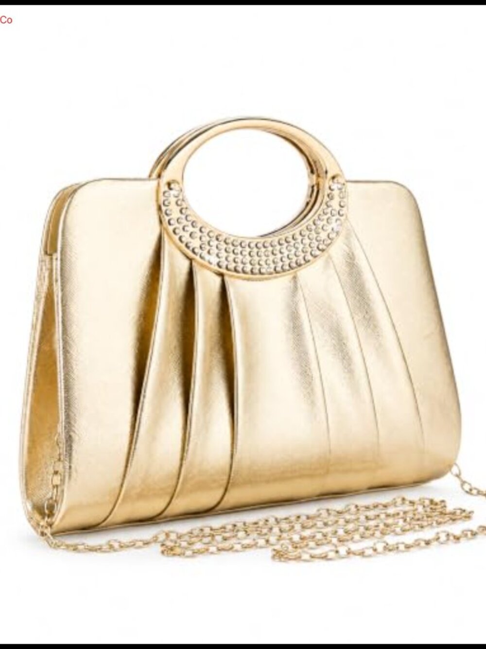Metallic PU Pleated Evening Clutch with Rhinestone Ring Handle and Chain